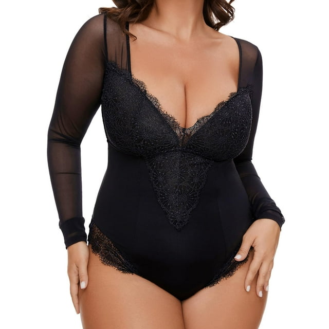 Sveltors Sweetheart V Neck Mesh Bodysuit for Women Plus Size Long Sleeve Body Suits Sexy Sheer