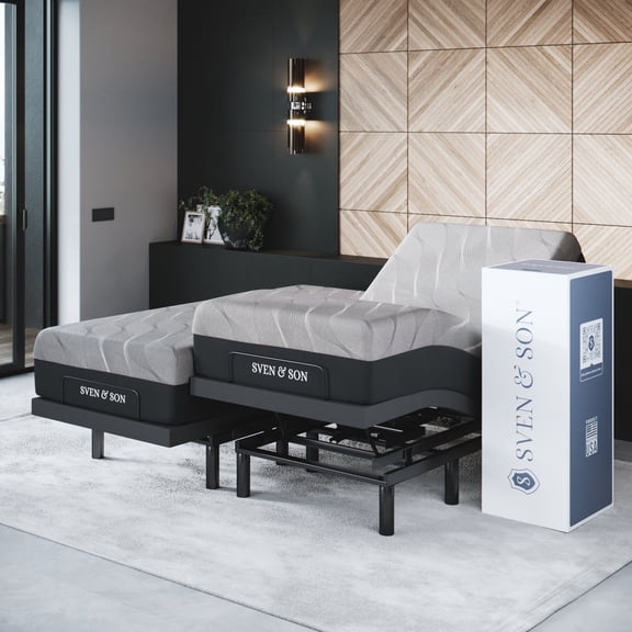 Sven & Son Bliss Adjustable Bed Base (Frame) + 10 in Memory Foam Matt (Firm), Head and Foot Lift, Lumbar, Pillow Tilt, Massage, USB, Memory, Zero Gravity - Split King