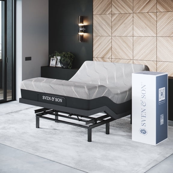 Sven & Son Bliss Adjustable Bed Base (Frame) + 12 in Memory Foam Matt (Medium), Head and Foot Lift, Lumbar, Pillow Tilt, Massage, USB, Memory, Zero Gravity - Queen