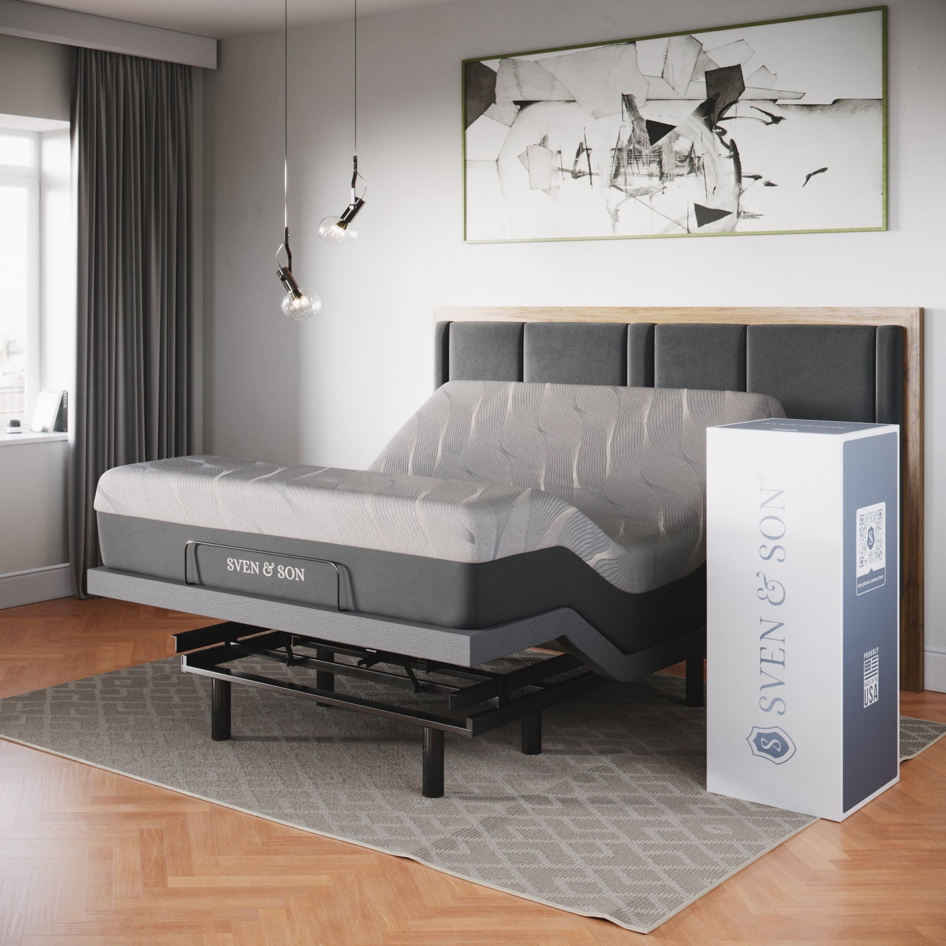 Queen Adjustable Metal Frame Bed with Fabric Upholstery