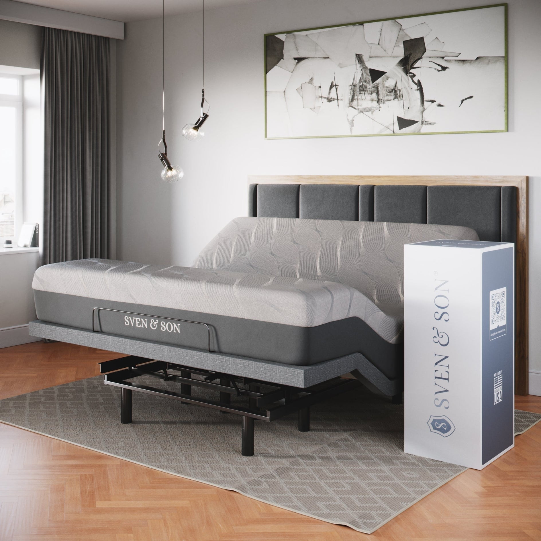 Full Adjustable Gray Metal Bed Frame with Hybrid Mattress