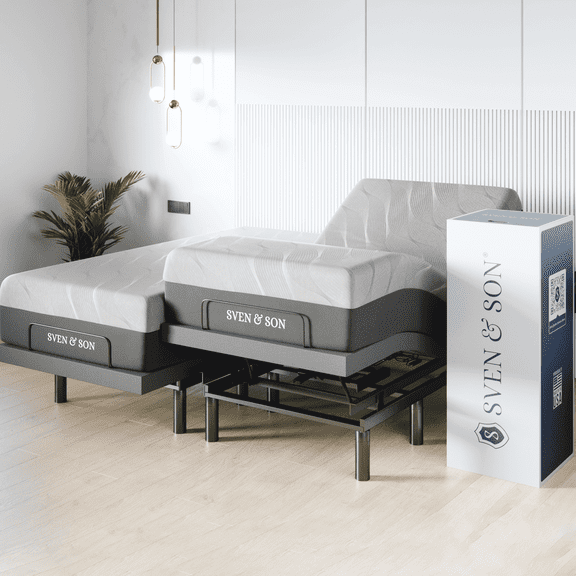 Sven & Son Harmony Adjustable Bed Base, Head and Foot Lift, Massage, Under-Bed Lights, USB, Gel Memory, Zero Gravity Smart Frame - Split King + 14 inch Hybrid Spring Matt (Medium Soft)