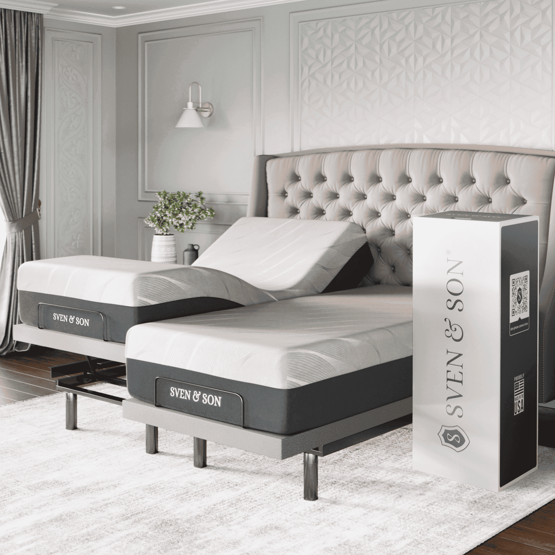 Base Split Sven & Son Platinum Adjustable Bed Base, Split King, with Memory Foam ...