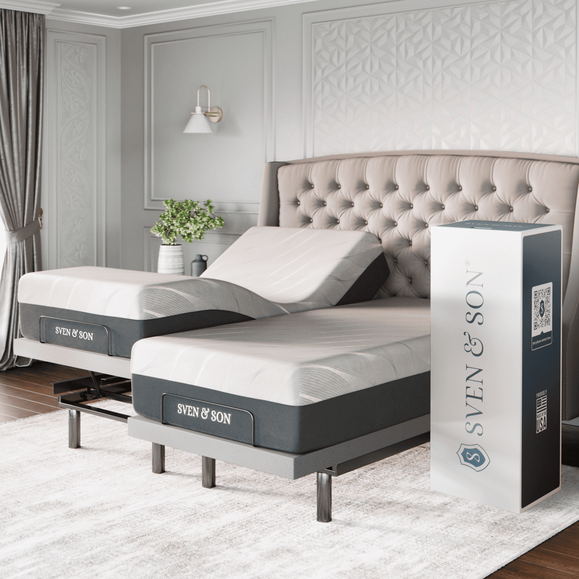 Split King Adjustable Metal Frame Bed with Upholstered Headboard