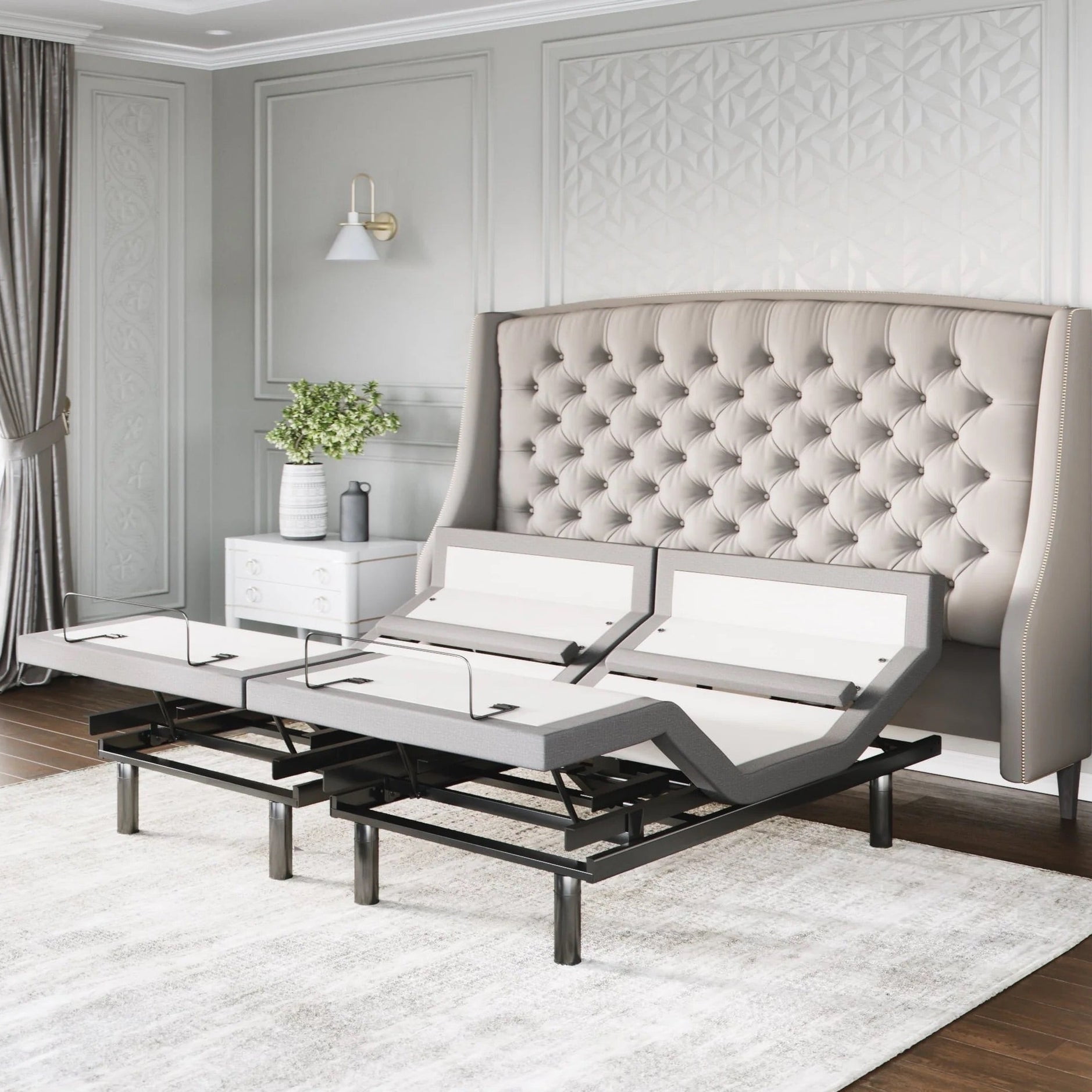 King Adjustable Metal Frame Bed with Upholstered Headboard