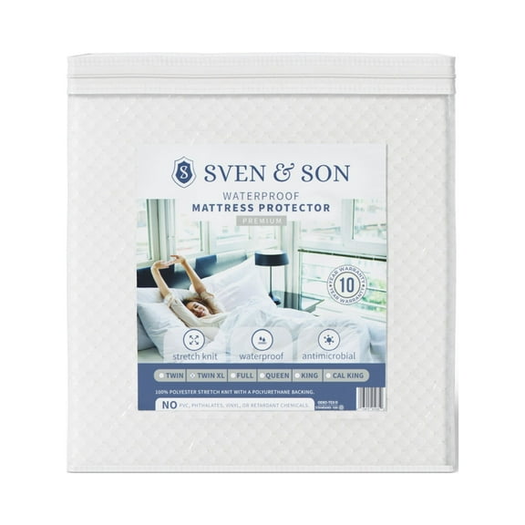 Sven and Son Waterproof Mattress Protector, Smooth Fabric Dimpled Stretch Knit Protector, Machine Washable and Breathable Mattress Cover, Fits Up To 18 in Deep, California King