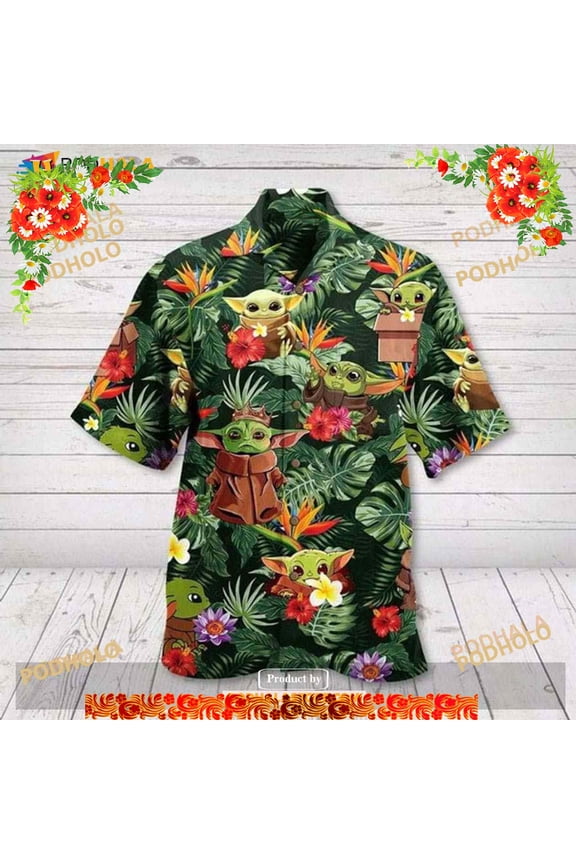 Sw Baby Yoda Grogu Cute Tropical Pattern Green Funny Hawaiian Shirt