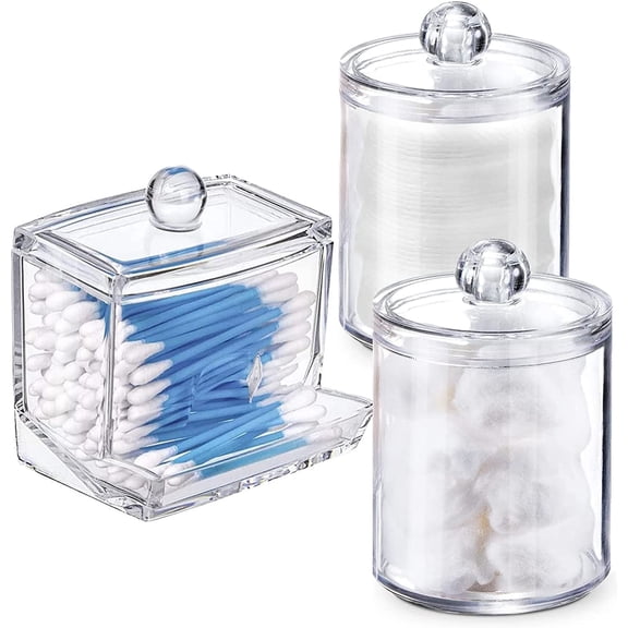 Swab Holder Canisters with Lid, Bathroom Qtip Dispenser Apothecary Jars, Clear Plastic Cotton Ball Pad Container for Cotton Swabs, Q-Tips, Make Up Pads, Cosmetics