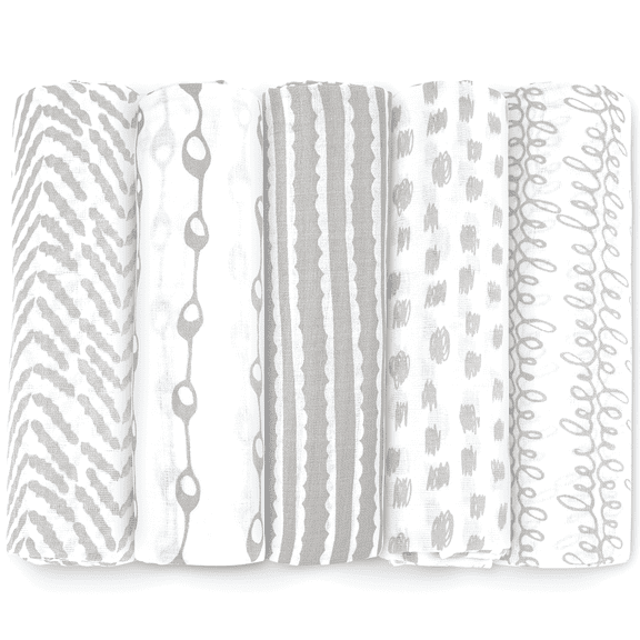 Swaddle Blankets for Newborn, 5 Pack Receiving Blanket, Muslin Blanket Swaddles Wrap for Girls, Baby Essentials, 47x47 Inches Large Size, 100% Cotton - Grey-White