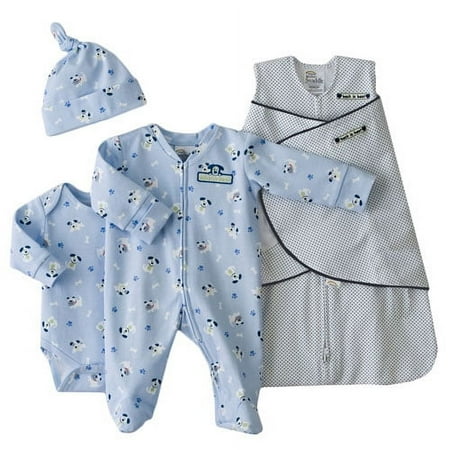 Swaddle Four Piece Take-Me-Home Safety Gift Set - Preemie - Navy Dot / Blue Pup