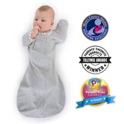SwaddleDesigns Transitional Swaddle Sack with Arms Up Half-Length Sleeves and Mitten Cuffs, Better Sleep for Baby Boy & Baby Girl, Heathered Gray with Striped T
