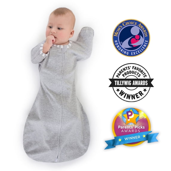SwaddleDesigns Transitional Swaddle Sack with Arms Up Half-Length Sleeves and Mitten Cuffs, Better Sleep for Baby Boy & Baby Girl, Heathered Gray with Striped Trim, Small, 0-3 Mo, 6-14 lbs