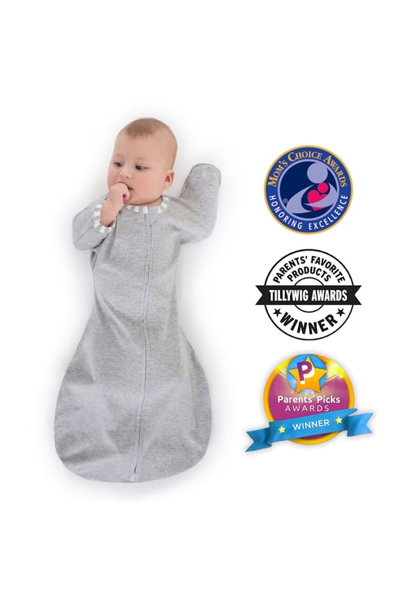 Transitional Swaddle Sack with Arms Up Half-Length Sleeves and Mitten Cuffs, Better Sleep for Baby Boy & Baby Girl, Heathered Gray with Striped Trim, Small, 0-3 Mo, 6-14 lbs