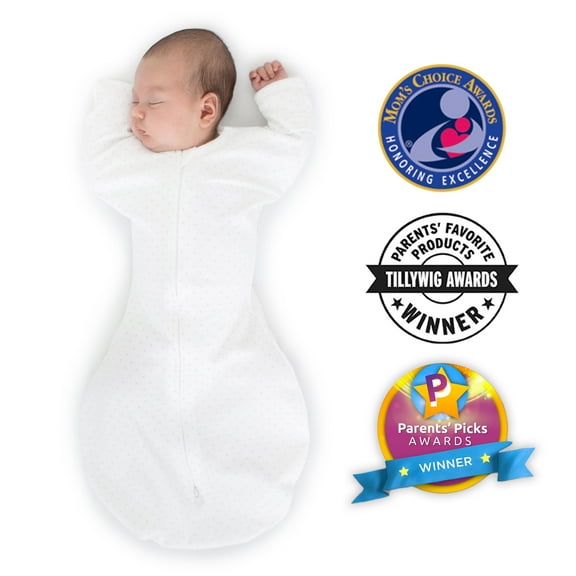 SwaddleDesigns Transitional Swaddle Sack with Arms Up Half-Length Sleeves and Mitten Cuffs, Better Sleep for Baby Boy & Baby Girl, Sterling Classic Polka Dots, Small, 0-3 Months, 6-14 lbs