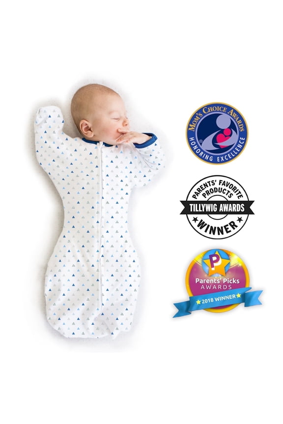Transitional Swaddle Sack with Arms Up Half-Length Sleeves and Mitten Cuffs, Better Sleep for Baby Boy, Tiny Triangle Shimmer, Blue, Medium, 3-6 Mo, 14-21 lbs