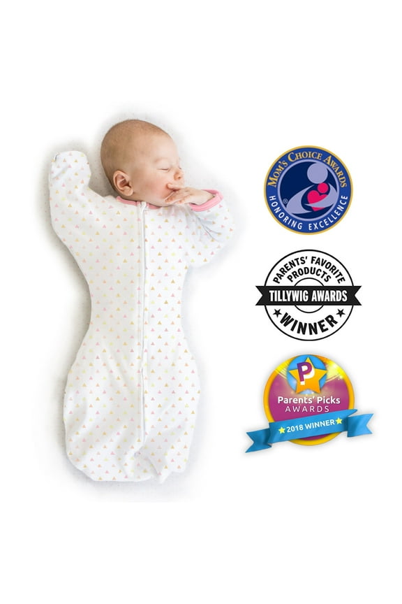 Transitional Swaddle Sack with Arms Up Half-Length Sleeves and Mitten Cuffs, Better Sleep for Baby Girl, Tiny Triangles Shimmer, Pink Small, 0-3 Mo, 6-14 lbs