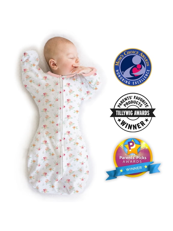 Transitional Swaddle Sack, Arms Up Swaddle with Half-Length Sleeves & Mitten Cuffs, Easy Transition Swaddle Sleep Sack, Medium, 3-6 Months, 14-21 lb, Watercolor Peachy Pink Floral