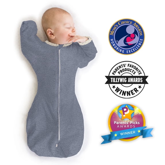 SwaddleDesigns Transitional Swaddle Sack, Arms Up Swaddle with Half-Length Sleeves & Mitten Cuffs, Easy Transition Swaddle Sleep Sack, Small, 0-3 Months, 6-14 lb, Heathered Denim