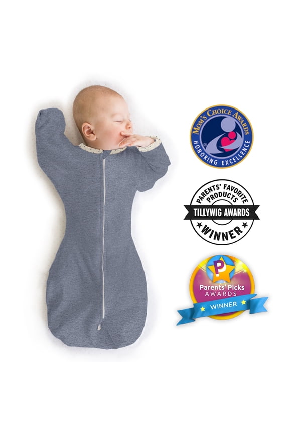 Transitional Swaddle Sack, Arms Up Swaddle with Half-Length Sleeves & Mitten Cuffs, Easy Transition Swaddle Sleep Sack, Small, 0-3 Months, 6-14 lb, Heathered Denim