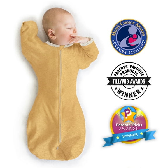 SwaddleDesigns Transitional Swaddle Sack, Arms Up Swaddle with Half-Length Sleeves & Mitten Cuffs, Easy Transition Swaddle Sleep Sack, Small, 0-3 Months, 6-14 lb, Heathered Gold