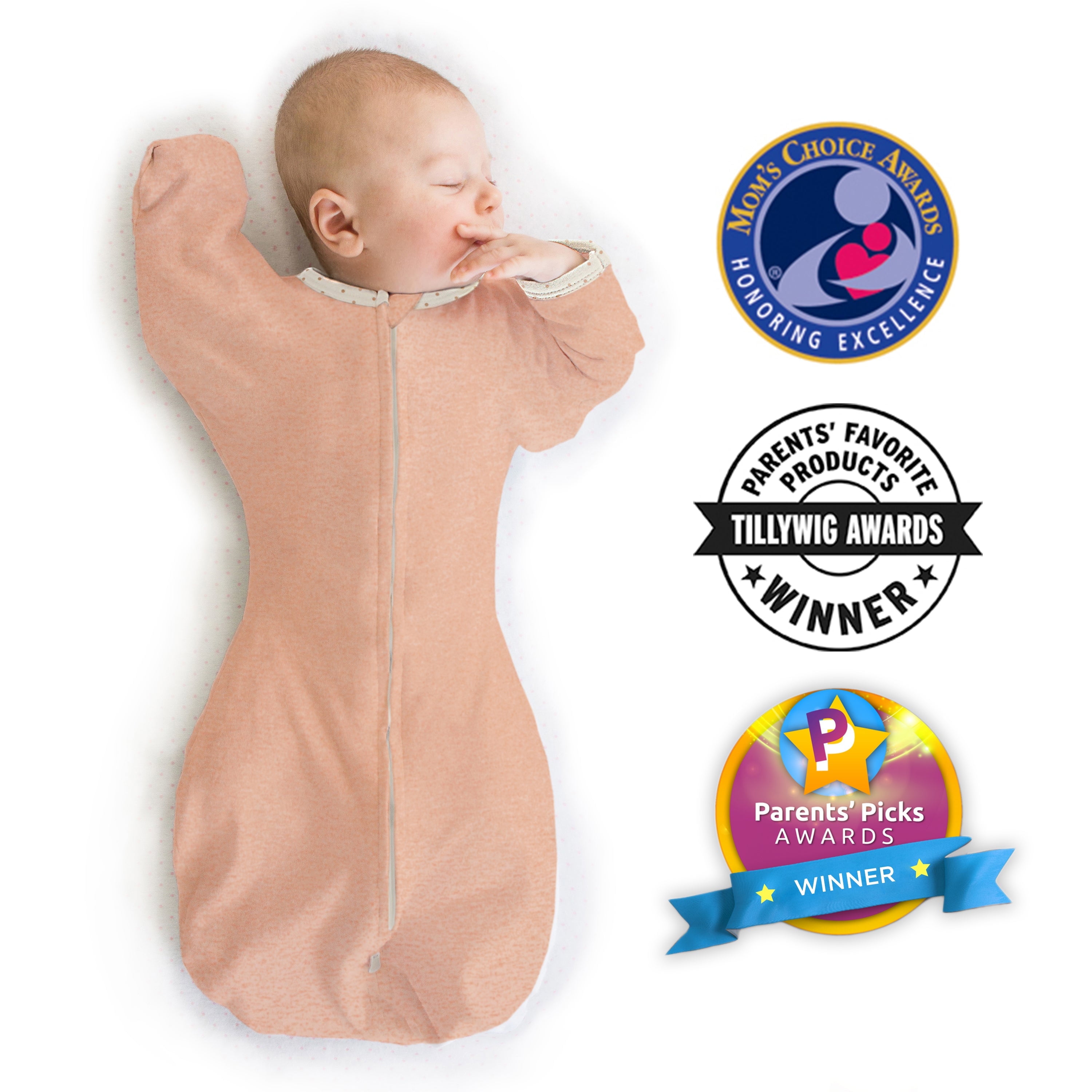 SwaddleDesigns Transitional Swaddle Sack, Arms Up Swaddle with Half-Length Sleeves & Mitten Cuffs, Easy Transition Swaddle Sleep Sack, Small, 0-3 Months, 6-14 lb, Heathered Peach Blush