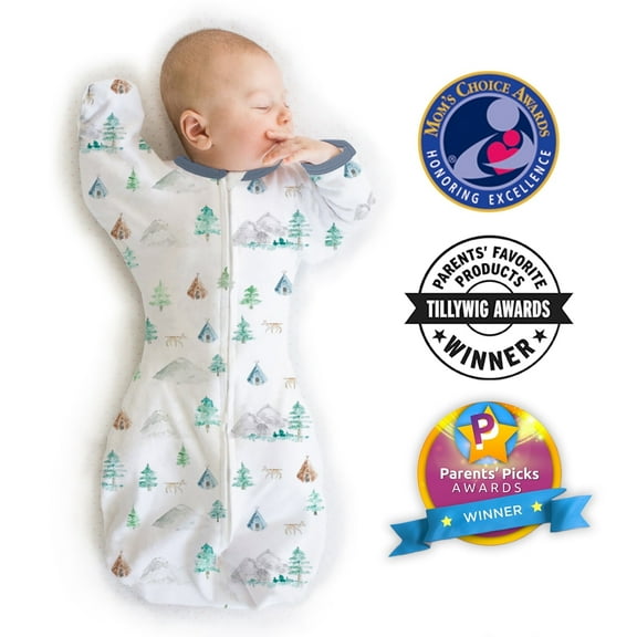SwaddleDesigns Transitional Swaddle Sack, Arms Up Swaddle with Half-Length Sleeves & Mitten Cuffs, Easy Transition Swaddle Sleep Sack, Small, 0-3 Months, 6-14 lb, Watercolor Mountains and Trees