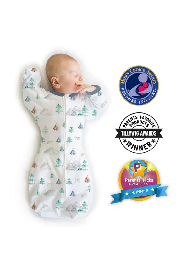 Transitional Swaddle Sack, Arms Up Swaddle with Half-Length Sleeves & Mitten Cuffs, Easy Transition Swaddle Sleep Sack, Small, 0-3 Months, 6-14 lb, Watercolor Mountains and Trees