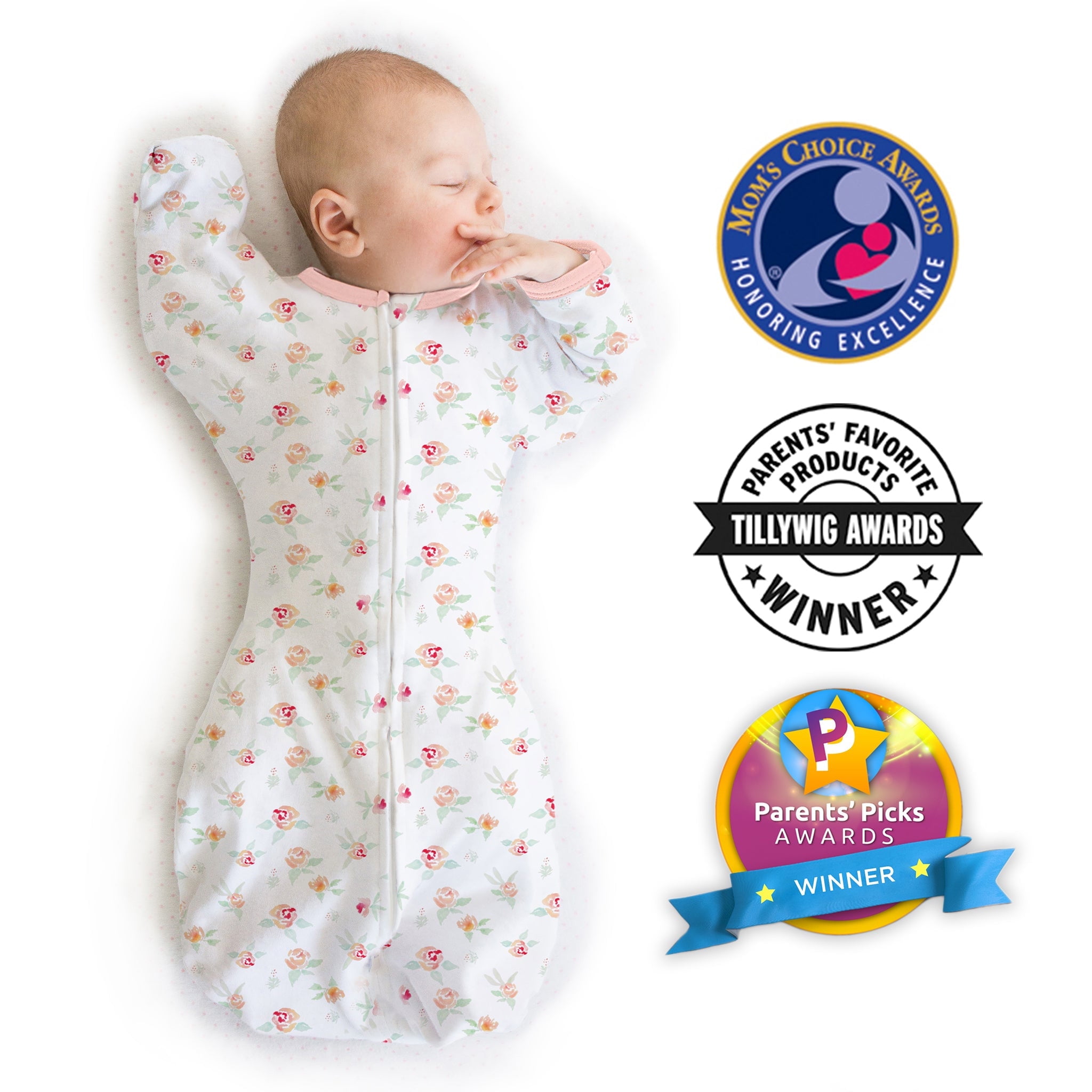 SwaddleDesigns Transitional Swaddle Sack, Arms Up Swaddle with Half-Length Sleeves & Mitten Cuffs, Easy Transition Swaddle Sleep Sack, Small, 0-3 Months, 6-14 lb, Watercolor Peachy Pink Floral