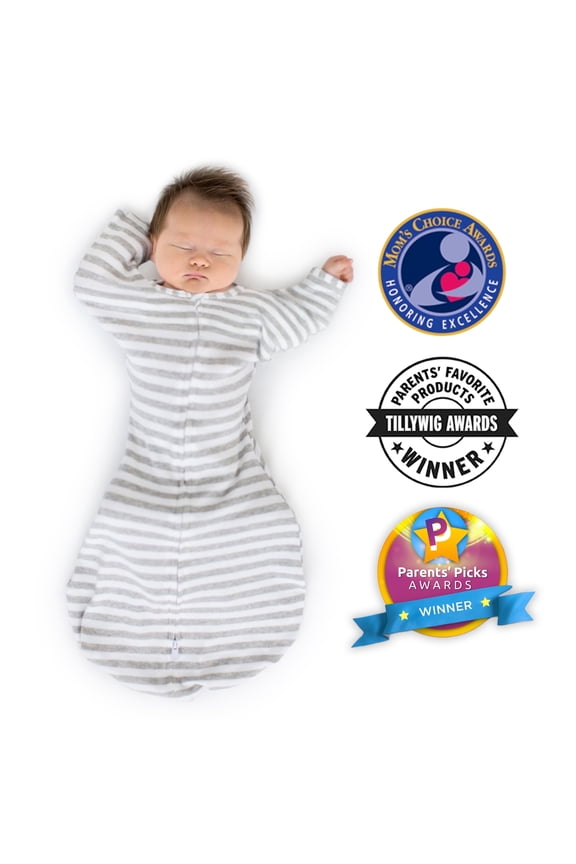 Transitional Swaddle Sack with Arms Up Half-Length Sleeves and Mitten Cuffs, Better Sleep for Baby Boy & Baby Girl, Heathered Gray Stripes, Medium, 3-6 Mo, 14-21 lbs