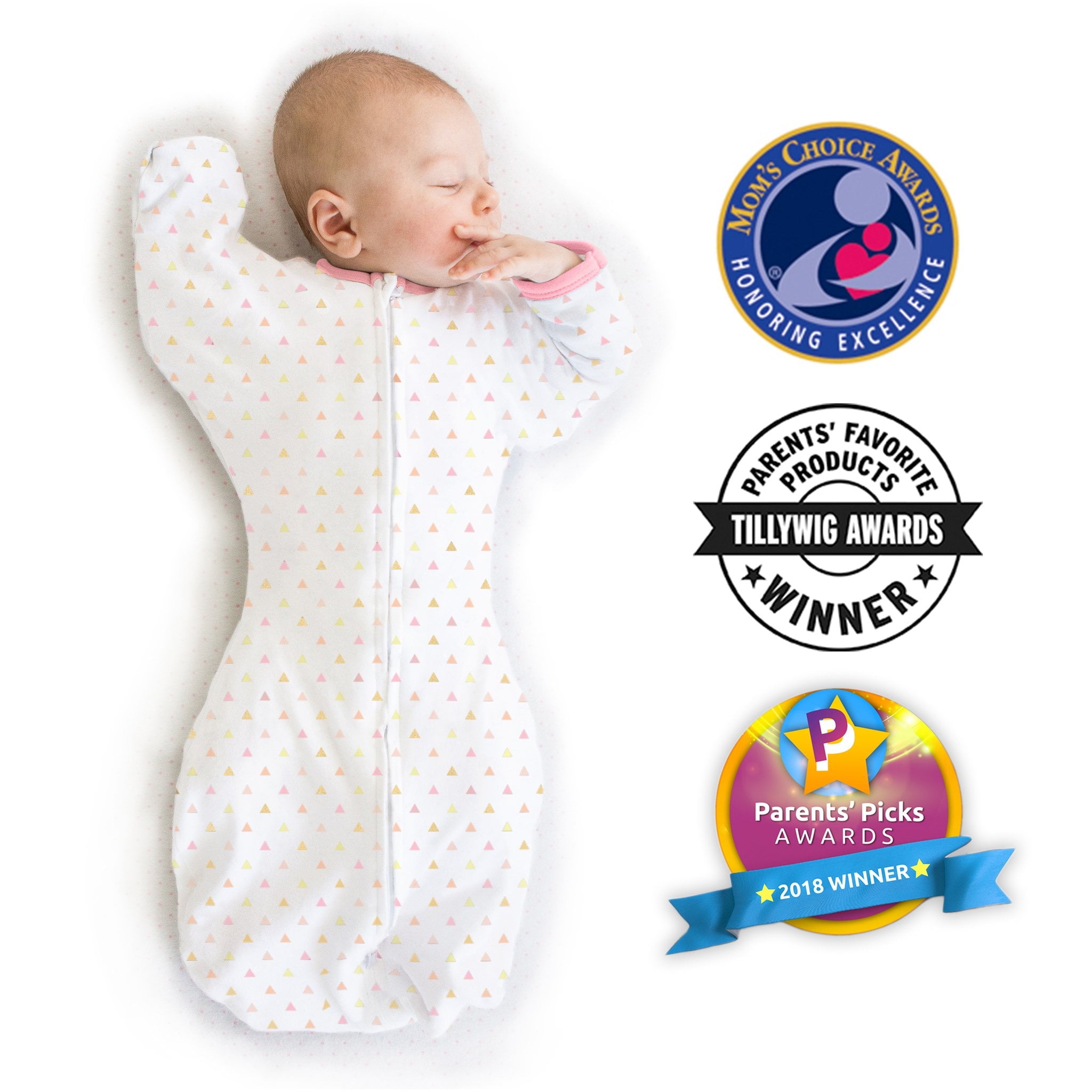 Walmart promo code:  SwaddleDesigns Transitional Swaddle Sack with Arms Up Half-Length Sleeves and Mitten Cuffs, Better Sleep for Baby Girl, Tiny Triangles Shimmer, Pink Small, 0-3 Mo, 6-14 lbs