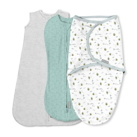 Ingenuity SwaddleMe by Ingenuity Comfort Pack Baby Swaddle Set, Size 0-3 Months, Pod, Original Swaddle, Night Sack, 3pk - Little Bees