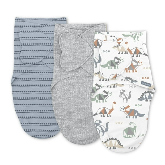 SwaddleMe by Ingenuity Monogram Collection Baby Swaddle, 100% Cotton, 0-3 Months, Pocket Fold Design for Easy Changes, 1.0 TOG, 3-Pack - Dino Mite