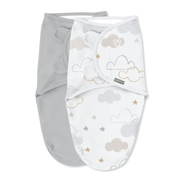 SwaddleMe by Ingenuity Original Swaddle for Baby, 100% Cotton, Improves Sleep & Calms Startle Reflex, 0-3 Months, 1.0 TOG, 2-Pack - Space & Clouds