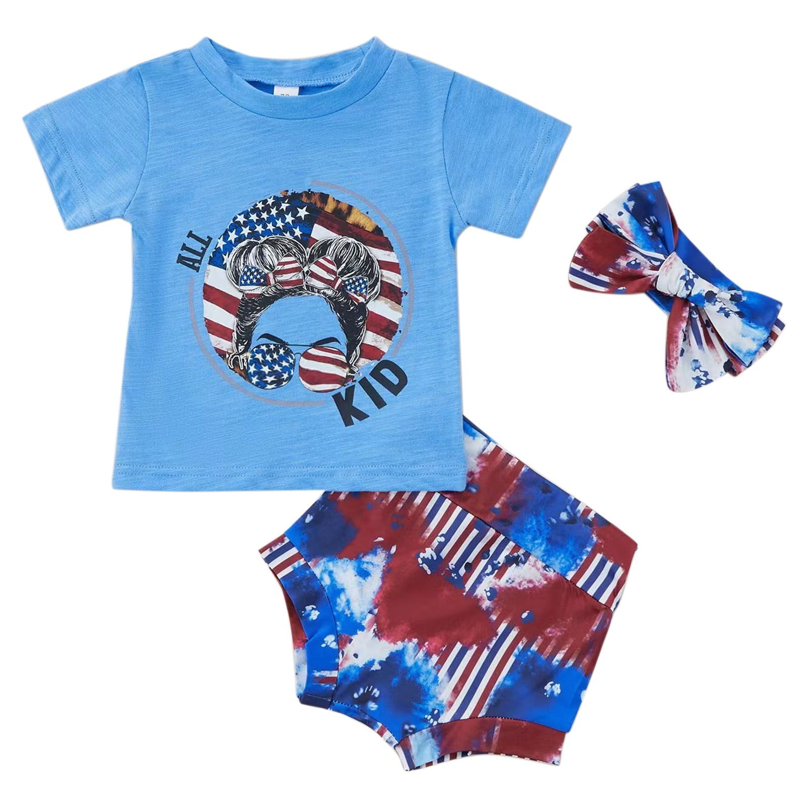 Swaddling Set Baby Outfits with Headbands Summer Girls American Flag