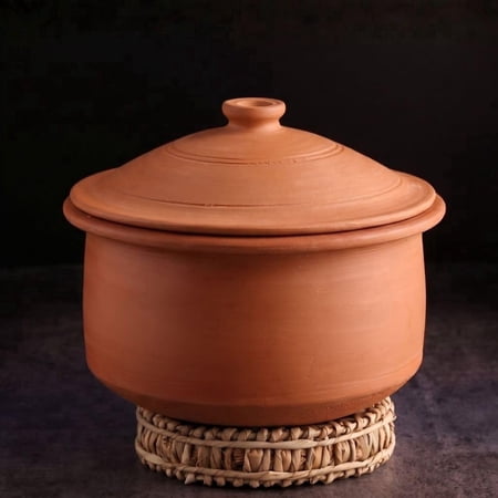 Swadeshi Blessings Clay Pot for Cooking With Lid, 3L/ Unglazed Earthen Kadai/ Lead Free Clay Handi + Free Palm Leaf Stand