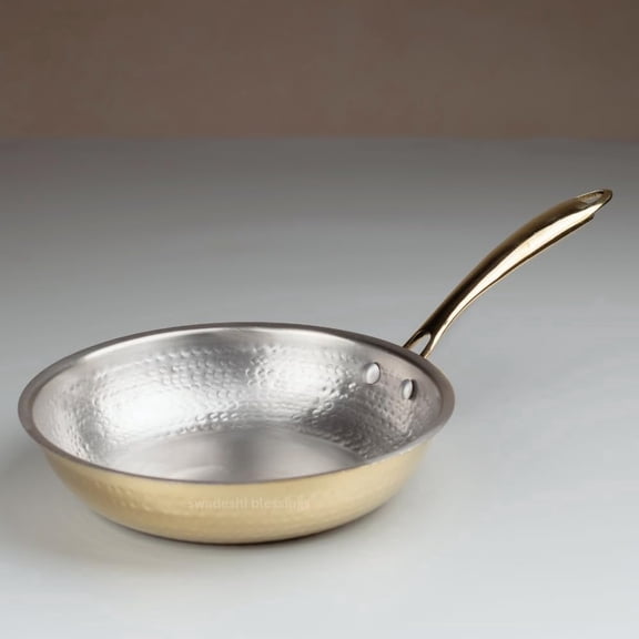 Swadeshi Blessings Exclusive Range Brass Frying Pan for Cooking without Lid/ Teflon-Free/ Naturally Non-Stick Brass Utensils with Tin Coating (9.5 Inches)