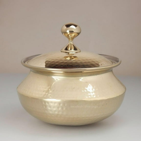 Swadeshi Blessings Exclusive Range Brass Handi Pot for Cooking with Lid/ Teflon-Free/ Naturally Non-Stick Brass Utensils with Tin Coating (4 Litres)
