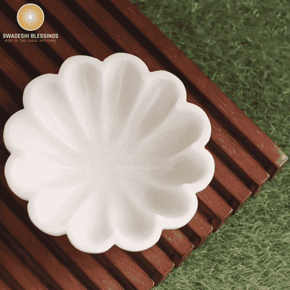 Swadeshi Blessings HandCrafted Marble Large Decorative Bowl | White Decorative Bowls for Home Decor | Ruffle Bowl | Scalloped Bowl | Fluted Bowl | Key/Fruit Bowl | Organic Modern Decor Bowl, 10 Inch