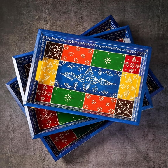 Swadeshi Blessings Handcrafted & Hand-Painted Embossed Wooden Serving Trays Set of 3- for Kitchen/Table & Home Decor/Dinning/Gifts/Restaurants/Living Room/Coffee Table (Blue)