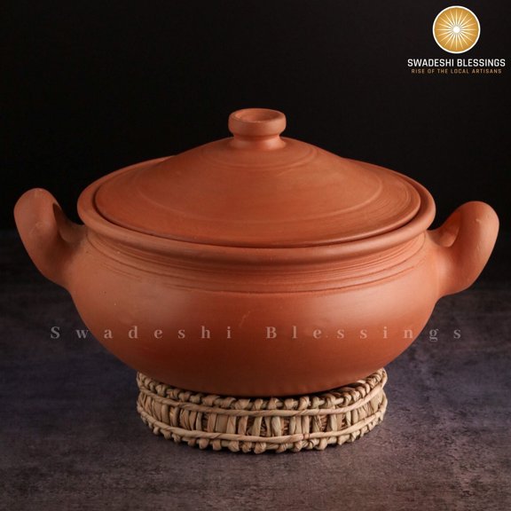 Swadeshi Blessings Unglazed Clay Pot For Cooking 3.5L With Lid | Earthen Kadai