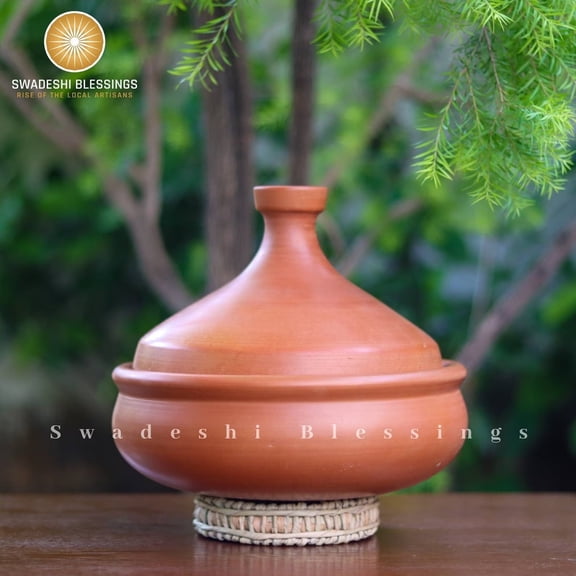 Swadeshi Blessings Unglazed Clay Tagine Pot for Cooking with Lid 2.8Liters/ Lead Free Earthen Tagine/ Clay Tagine Cookware for baking