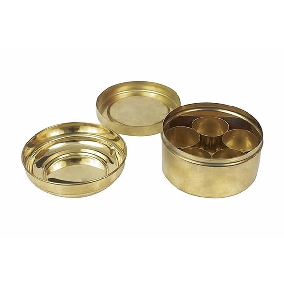 Swadeshi Desire Brass Box Pooja | Puja | Roli | Chawal | Chandan | Haldi | Kumkum Puja Box | Sindoor | Turmeric | Dabbi | Dibbi | Dhani | Dani Lid Holder with 5 Containers-5 in 1 Box