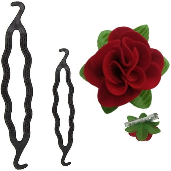 Swadeshi Desire Bun Maker (Black) Pack of 2 with Fabric Red Rose Flower Hair Clip Hair Accessories For Girls/Women