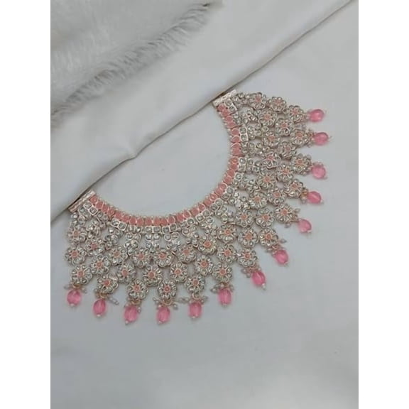 Swadeshi Desire CZ/AD Stones, Adjustable Latest Stylish Kundan Choker Necklace Jewellery Set for Women | Golden Plated Bridal Wedding & Casual Wear with Earrings with Pink Pearls