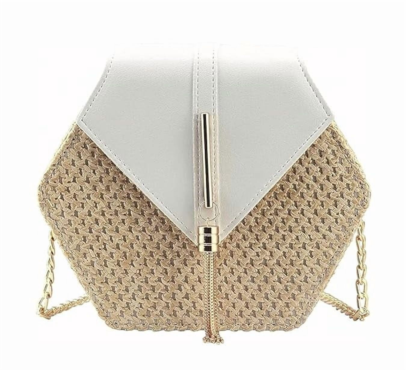 Swadeshi Desire Crossbody Straw Bags Hexagon Shape Shoulder Sling Bag Handbags with Tassel for Women Girl's(White)
