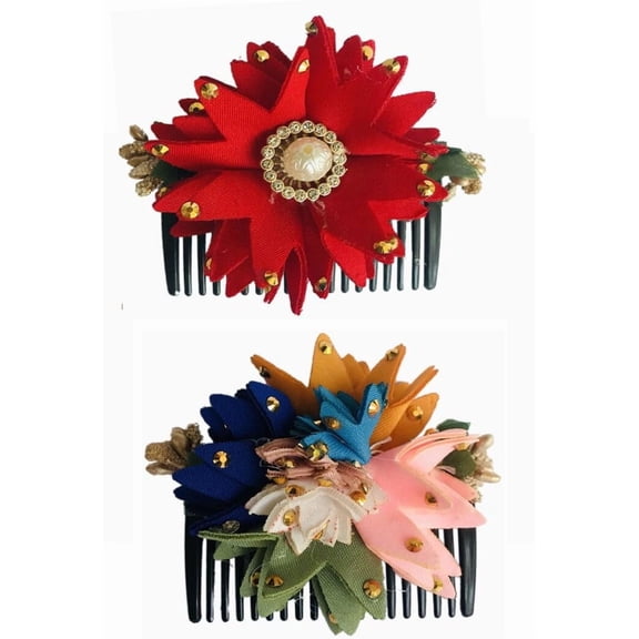 Swadeshi Desire Flower Comb, Juda/Bun Comb, Floral Hair Comb (Color-Red And Multi, Pack-02)