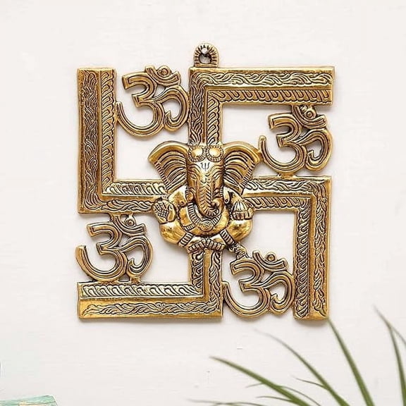 Swadeshi Desire Ganesha Metal Statue,Ganpati Wall Hanging Sculpture,Metal Swastik Ganesha Murti Lucky For Home & Office , Gold