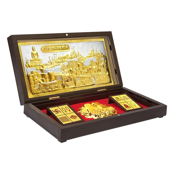Swadeshi Desire Golden Jai Jinendra Jain Photo Frame with Charan Paduka Pocket Temple for Gift, House Warming (Jai Jinendra Jain)