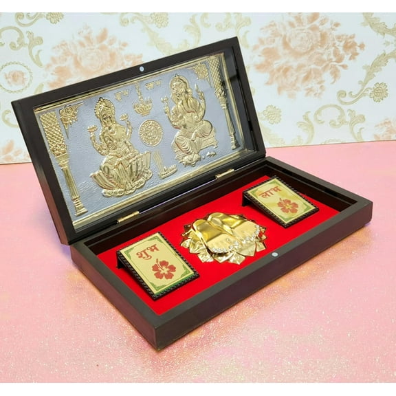 Swadeshi Desire Golden Lakshmi Ganpati Photo Frame with Charan Paduka Pocket for Diwali Gift, House Warming Gifts Return Gift Puja Box (Lakshmi Ganpati OM)