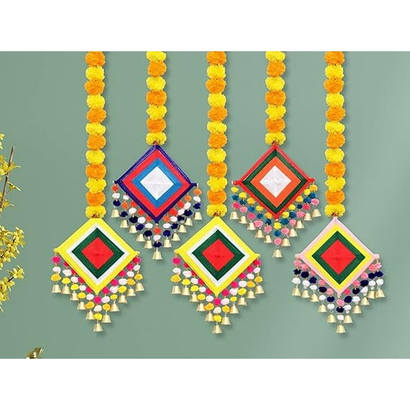 Swadeshi Desire Handmade Artificial Marigold Fluffy Flowers Colorful Woolen Kite Bells Hanging (44 Inches Height Approx. Pack of 5)